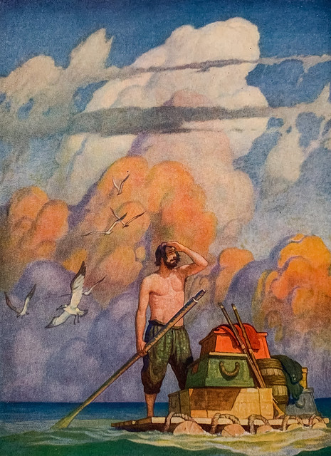 Frontispiece in “Robinson Crusoe” by Daniel Defoe.  Art by N.C. Wyeth. Cosmopolitan Book Co., 1920