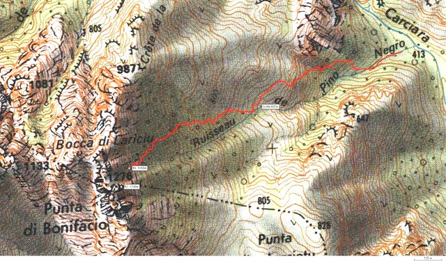 Trace de l'approche de la face Est de Punta Bunifazinca par le ruisseau de Pinu Neru (Pino Negro)