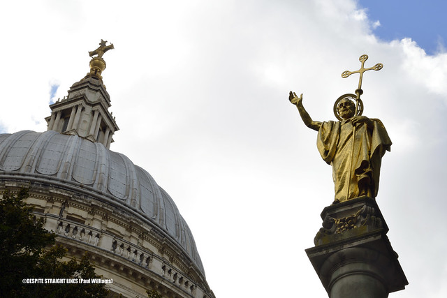 Paul's cross statue and St Paul's Cathedral, London  -  (Published by GETTY IMAGES)