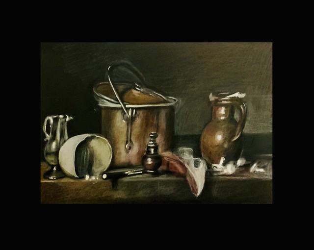 Study of a still life by Chardin.  Polychromos pencil drawing by jmsw on black card. Highlights in Gouache.