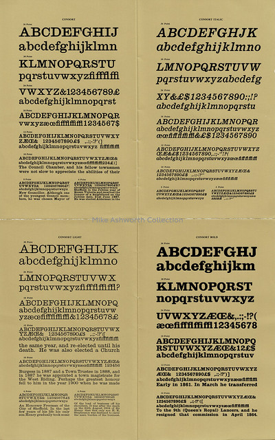 Consort ; italic, light, bold, condensed, light condensed & bold condensed typefaces ; leaflet and specimen sheet issued by Stephenson, Blake Ltd., Sheffield, West Yorkshire : c1960