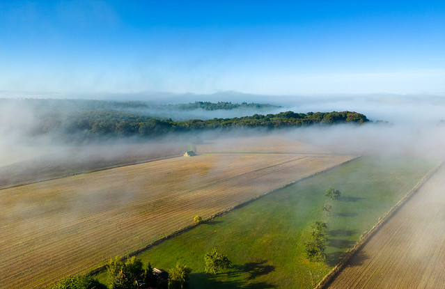 A sunny but foggy autumn morning above the harvested fields