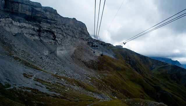 Coming down the Eiger Glacier cable car.The Eiger trail (marked as easy!) on the left