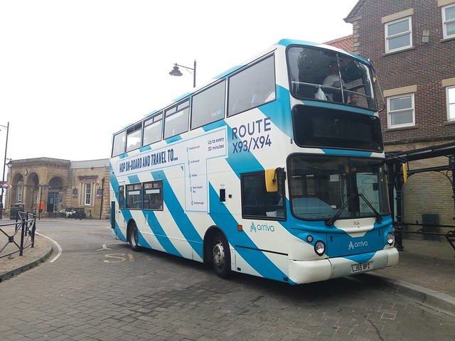 At Whitby Bus Station is Arriva North East 7424 (LJ55 BPZ)  ex-Arriva London with a Volvo B7TL chassis and 10.1m Alexander ALX400 Bodywork. She is one of two to carry this livery for the X93 and X94 services