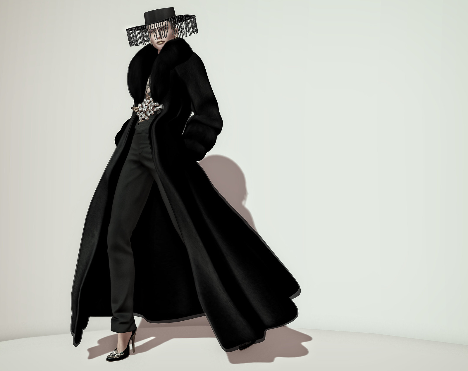 A man in a catwalk pose, wearing a long black fur coat and fitted black pants. A wide-brimmed hat is on his head; with strings of black crystal beads dangling down all around the edge of the brim. At his waist he has a highly-embellished short black satin corset with a wide, over-the-top rose gold metal flower surmounted by lots of large clear crystal gems. On his feet he wears black high heels with rose gold metal ornamentation on the toes. He's wearing shimmering gold lipstick that matches the metal ornamentation.