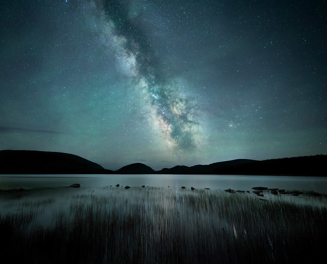 The Milky Way and airglow over Eagle Lake in Acadia National Park, Maine
