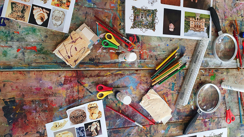 Table with art materials 