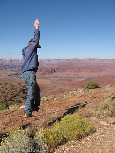 Back in the day, guardrail slackline at Minor Overlook, Canyon Rims National Recreation Area, Utah