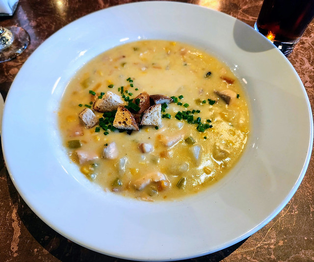 New England Style Chowder with Atlantic Salmon, corn and Local Double Smoked Bacon