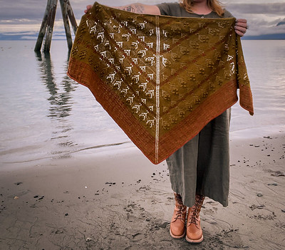 Caitlin Hunter’s Moonshiner is a triangular shawl inspired by the colours of Alaska in the fall.