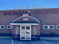 Entryway of State ou2019 Maine Bowling Center. Built in 1950. Scarborough, Maine.