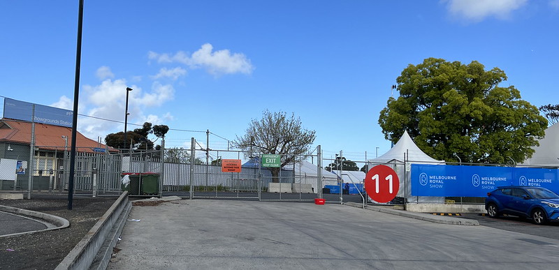 Showgrounds gate 11 - the closest to the tram stop, is closed