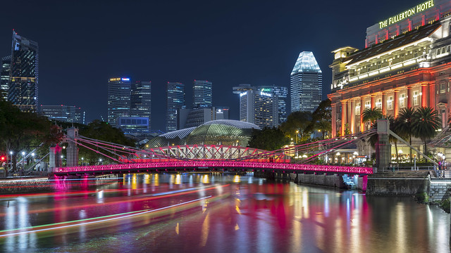 Night Reflections of Landmarks and Light Trails in Singapore River