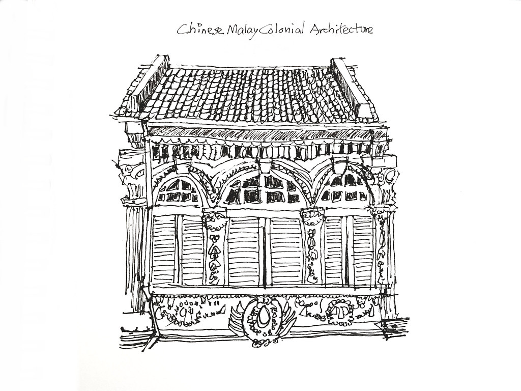 殖民建築 Chinese Malay Colonial Architecture - 建築素描 Architectural sketches (Artline pen 0.1) ...