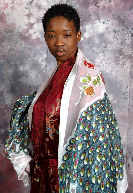 DSC_00571a Les South African Model in Maroon Satin Robe with Silk Scarf Portrait Photoshoot Shoreditch Studio London