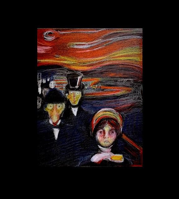 My study version of 1894, “Anxiety”. A Painting by Norwegian Expressionist Artist Edward Munch. Coloured Polychromos pencil only drawing by jmsw on black card.