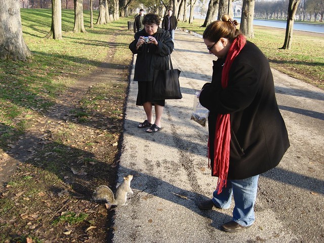 Dawn and Sandy with a hungry squirrel, National Mall, Washington DC, December 2007