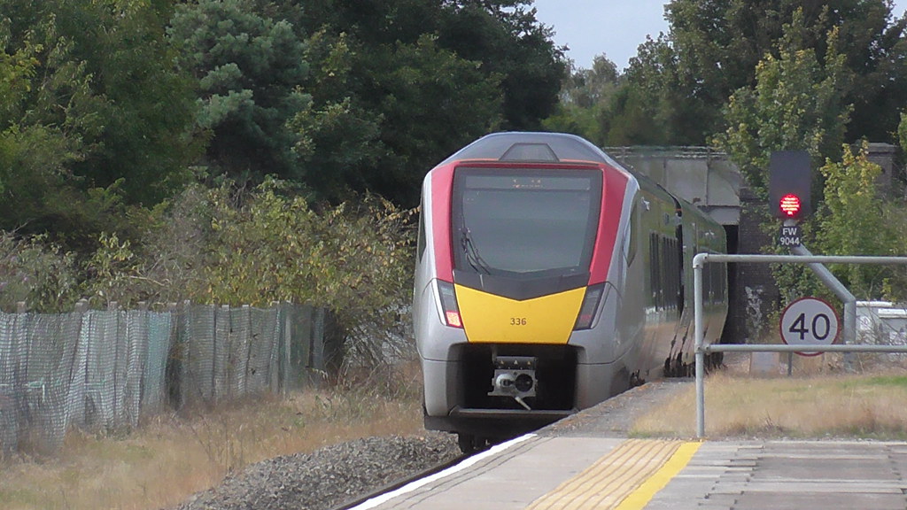 755 336 is departing from Felixstowe Station en route to Ipswich.