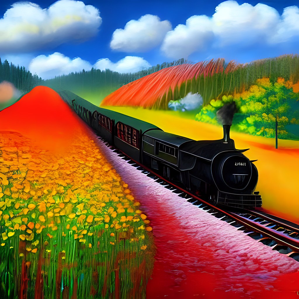 Black steam train, autumn landscape.