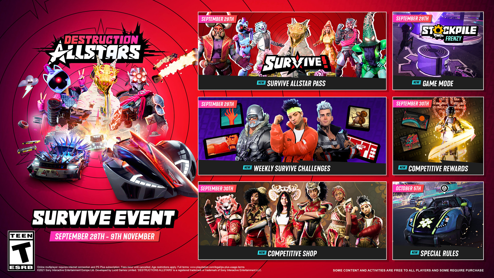 The Survive Event runs from September 20 to November 9.  The Survival AllStar Pass, Stockpile Frenzy Game Mode, and Weekly Survival Challenges will be available on September 28th.  Competitive rewards will become available on September 30th, along with the Competitive Store.  The special rules will come into effect on October 5th.  Some content and activities are free for all players, while others require purchase.