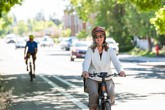 Riding in the bike lane in Bend, OR.
