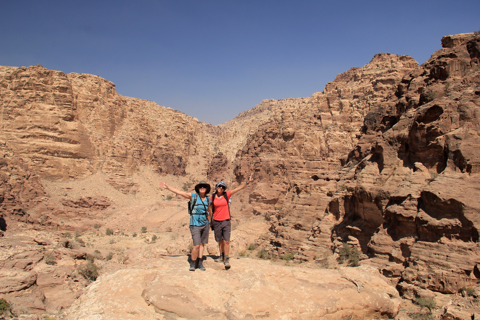 Long shorts, t-shirts and a head covering are perfect items to wear for hiking in Jordan