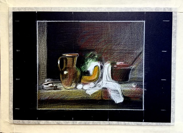 Stage 2. A study of a painting by Chardin. Coloured pencil drawing by jmsw on black card. To be continued.