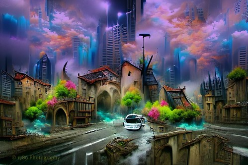 urban fantasy watchtower buildings road car sky multicoloured mist apocalyptic art artwork
