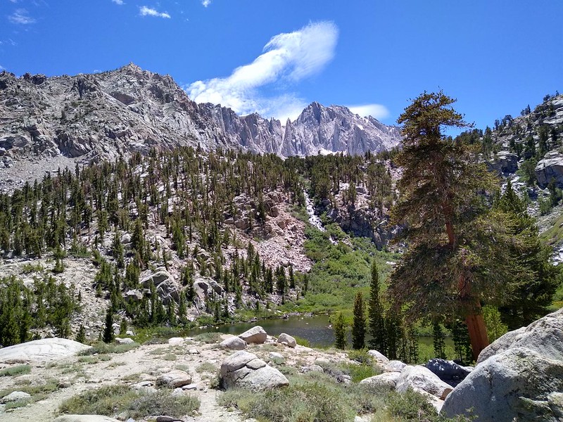 Little Pothole Lake from the Kearsarge Pass Trail with University Peak in the distance (center)