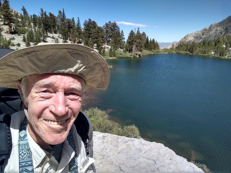 Selfie over Gilbert Lake looking east, from the big boulder, on the Kearsarge Pass Trail