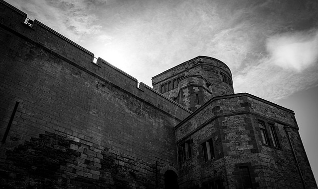 Battlements, Bamburgh Castle, Northumberland, England, UK B&W