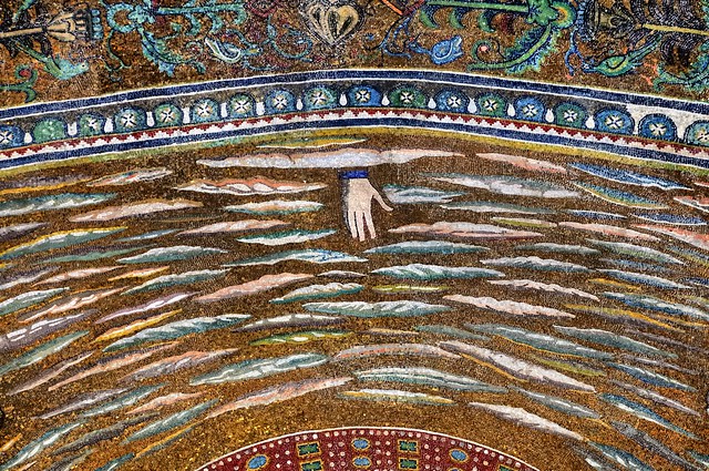 Apsidal dome mosaic detail, Basilica di Sant'Apollinare in Classe, c550 CE, Ravenna, Italy..