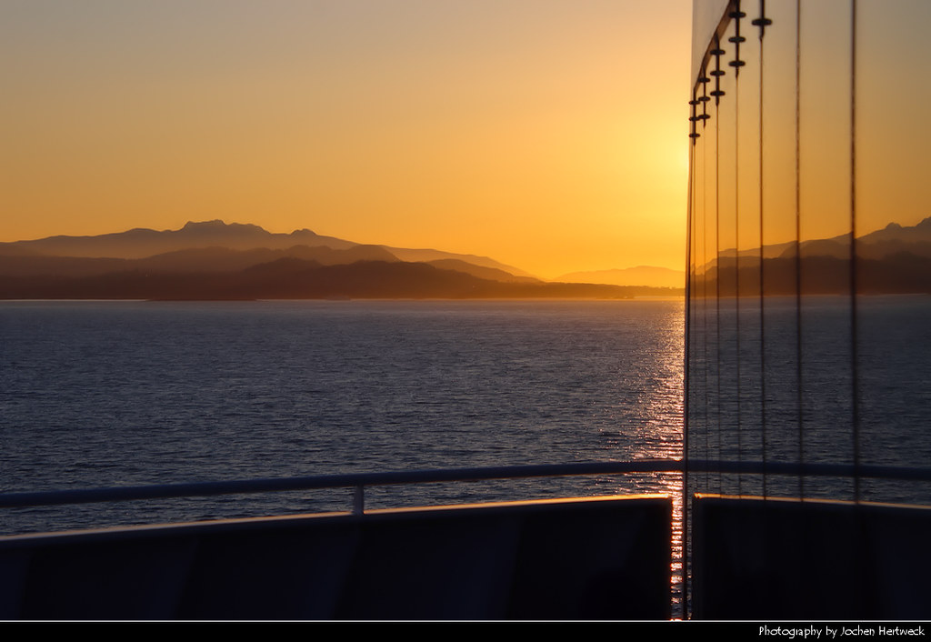 Sunset seen from onboard a ferry bound for Vancouver Island, Canada