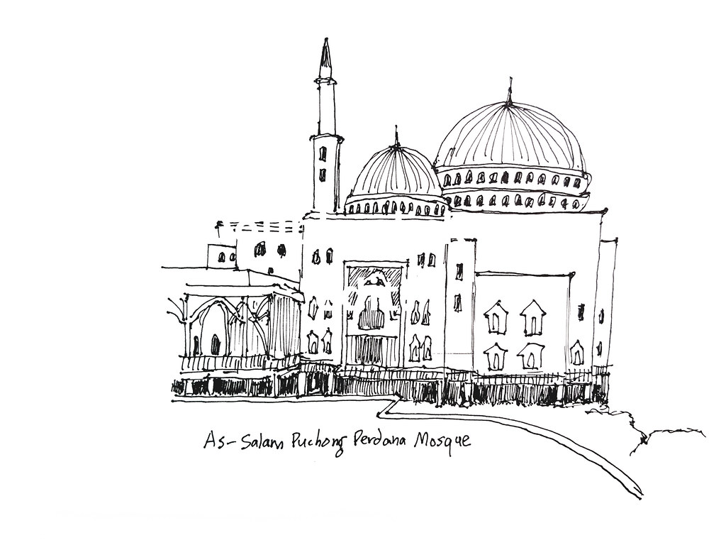 蒲種的一座清真寺 As-Salam Puchong Perdana Mosque - 建築素描 Architectural sketches (Artline pen 0.1) ...