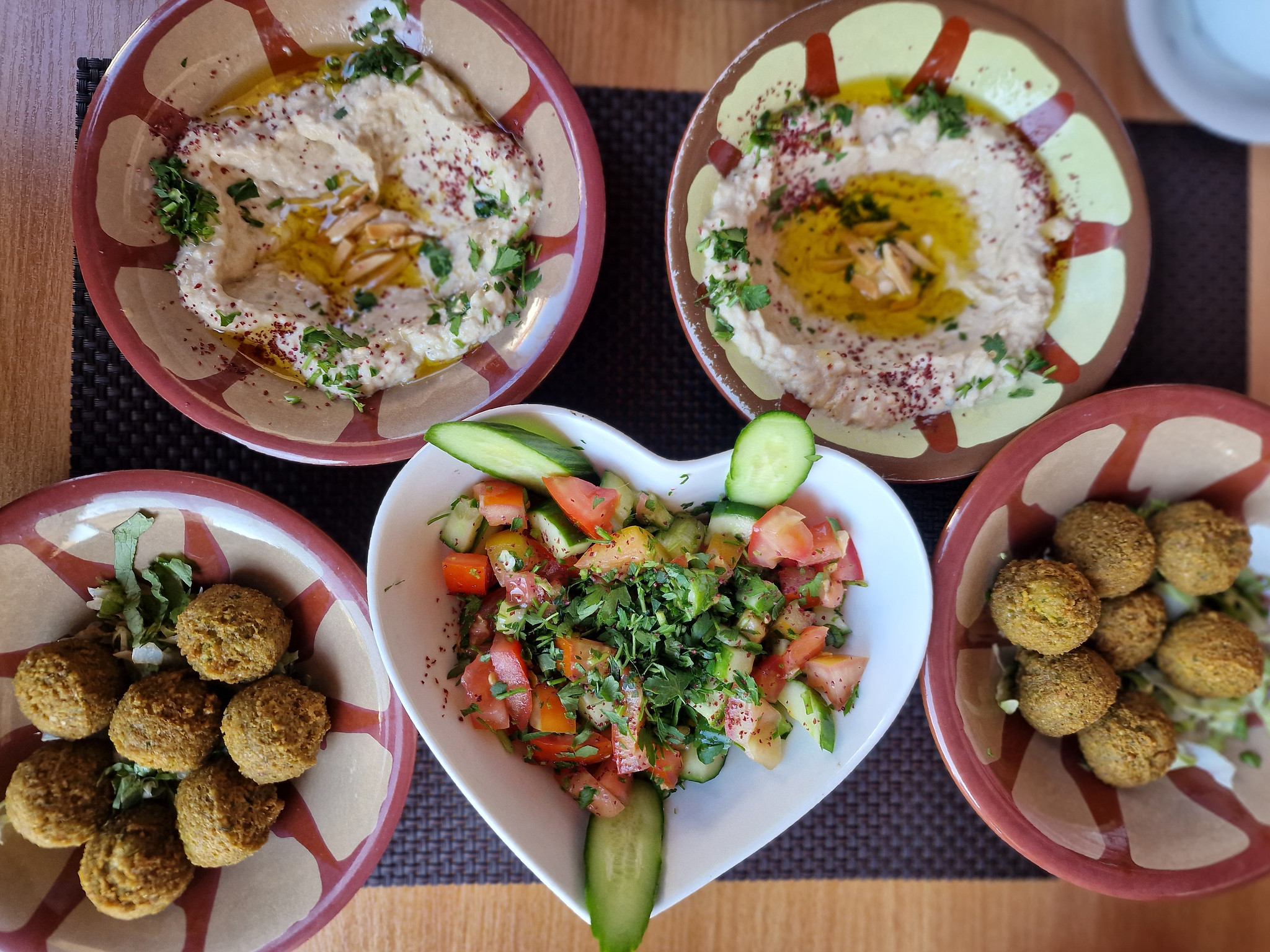 Falafel, mutabel and Arabic salad spread, Wadi Musa