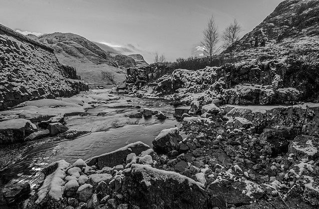 B&W river Coe Cascade Glenco Scotland