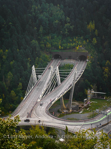 Andorra architecture:. La Massana, Vall nord, Andorra by lutzmeyer, Pont de Lisboa. Tunel dels dos Valires, Sant Antoni canyon at Anyos & Sispony, La Massana, Vall 