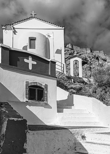 Lemnos Church  (Agia Paraskevi)  Romeikos Gialos Seafront Area of Myrina Town ( Greece)  (BW) Olympus OM1 & Leica Summilux 10-25mm f1.7 Zoom Lens