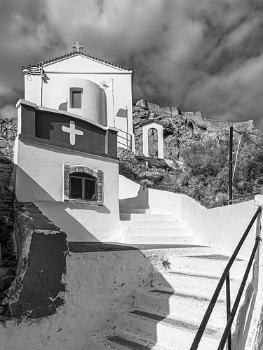 Lemnos Church  (Agia Paraskevi)  Romeikos Gialos Seafront Area of Myrina Town ( Greece)  (BW) OM1 & Leica Summilux 10-25mm f1.7 Zoom Lens