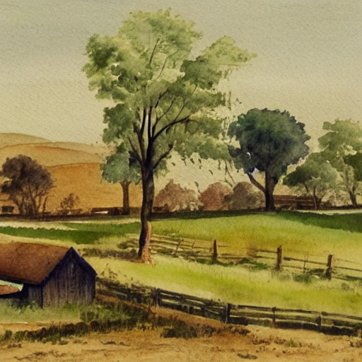 'a watercolor painting of a farm by József Breznay and John Zephaniah Bell' Deforum Stable Diffusion v0.5