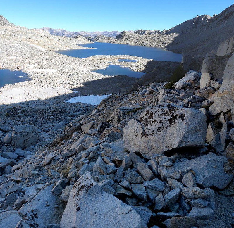 Looking back west from the steep slope along Sixty Lakes Col at upper Gardiner Basin - my plan was to keep climbing