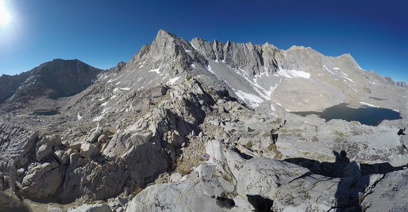 Wide angle GoPro panorama shot from Sixty Lakes Col - with Sixty Lakes Basin (left) and Gardiner Basin (right)