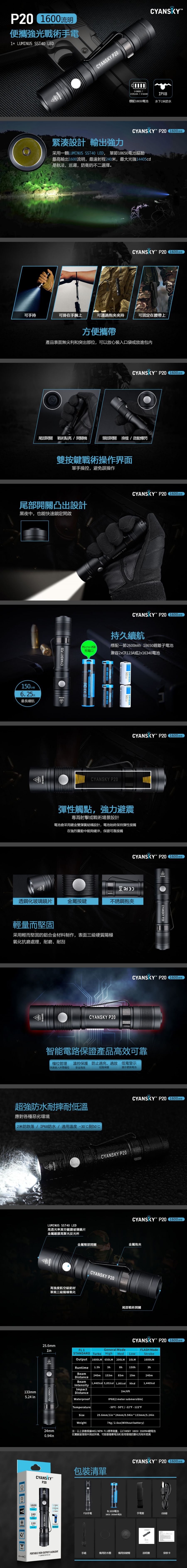 【錸特光電】CYANSKY P20 1600流明 240米 戶外強光 LED手電筒 SST40 爆閃 IPX8防水 警用 (1)