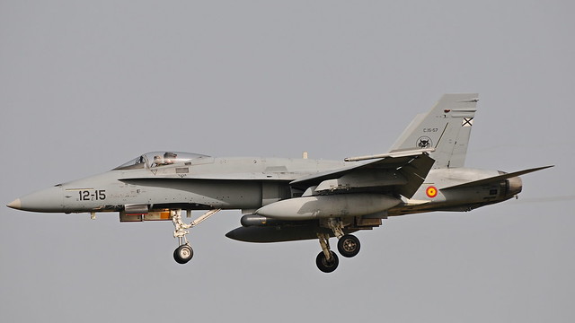 Spanish AF EF-18A C.15-57/ 12-15 about to land at Torrejon. It's with Ala 12.