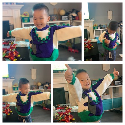 For something fun, here’s my grandson having a blast modeling this dinosaur sweater that I knit my kids over 30 years ago!