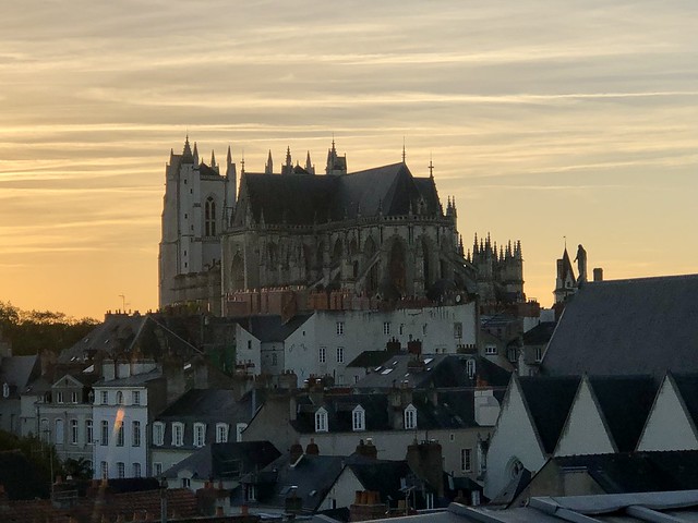 Cathedral and houses, view at sunset, Nantes, France
