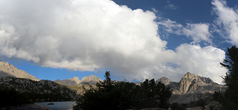 Large cumulus clouds built up over the Sierra Crest at Rae Lakes, and it got windy, but it never rained that day
