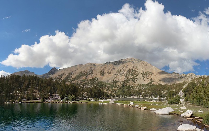 Panorama view north over the largest Kearsarge Lake, with Mount Gould (center) and Kearsarge Pass (right)