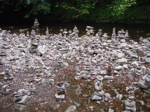 Sgwd y Pannwr/The Waterfall of the Fuller: small Stone Cairns in the bed of the River Mellte 