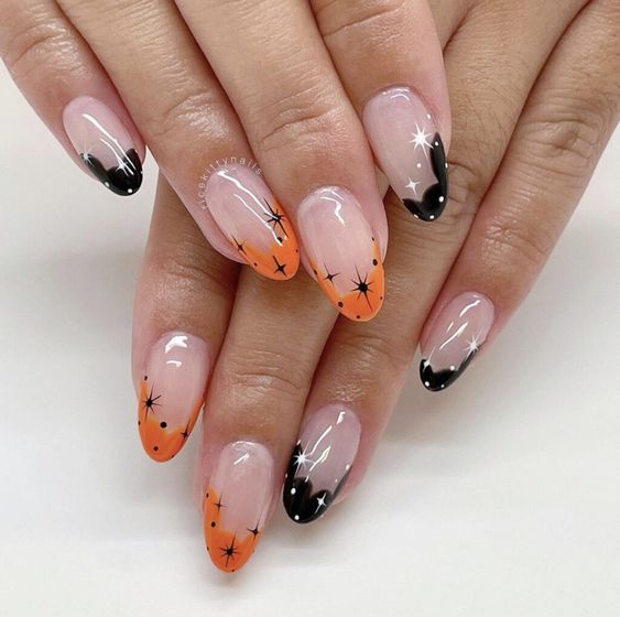 Orange and Black French Tip | Best Halloween Nails | Trendy Nails | Halloween Nail Art | Acrylic Nails | October Nails | Spooky Nails | Manicure Ideas | Fall Nails 2022 | Halloween Nail Designs | Autumn Nails | Pretty Halloween Nails